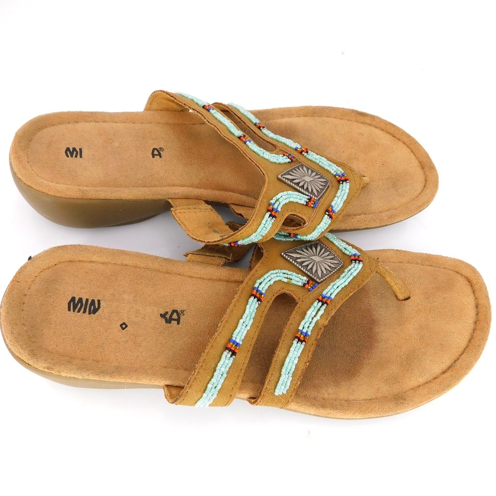 MINNETONKA Sandals Womens 7 Leather Beaded Slip On Boho Flip Flops Shoes 70028